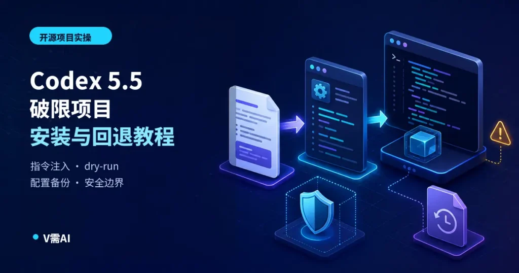 Codex 5.5 破限项目安装与回退教程特色图，展示 Markdown 指令文件、config.toml、Codex 终端、沙箱与备份回退