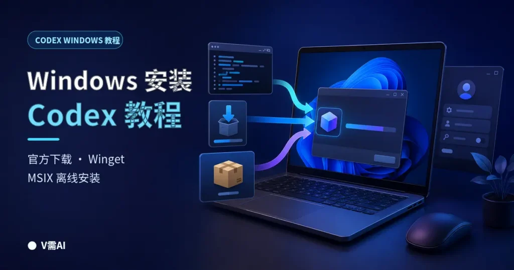 Windows 安装 Codex 教程，展示官方下载、Winget 命令和 MSIX 离线安装三种方式