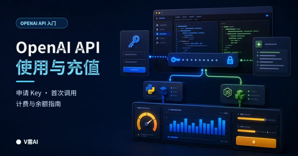 OpenAI API 使用与充值教程，展示 API Key、Python 和 Node.js 调用、用量及余额面板